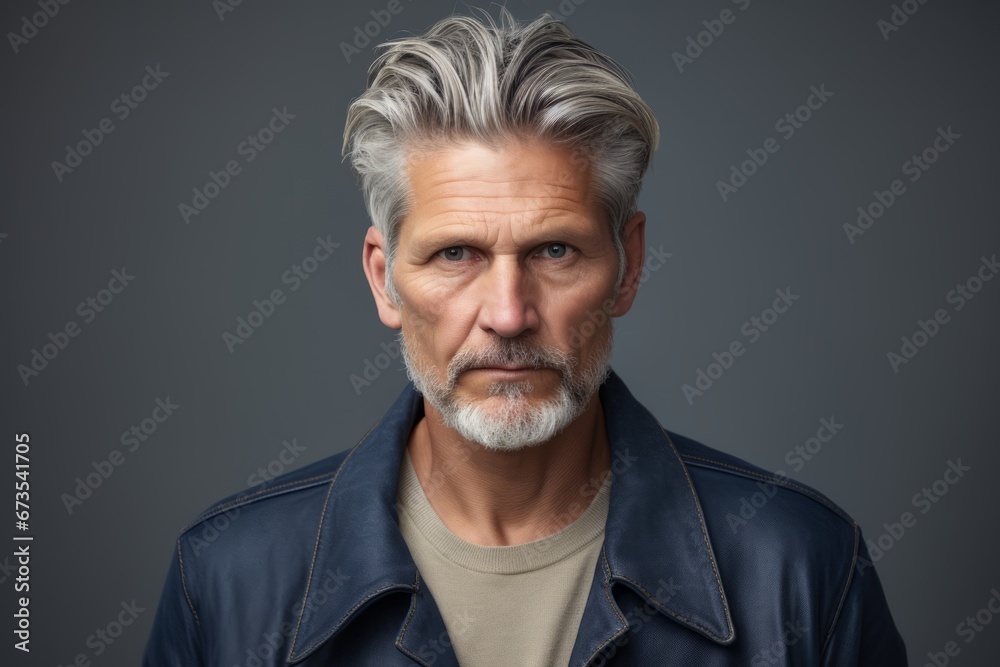 Handsome senior man with grey hair and beard wearing a black leather jacket.