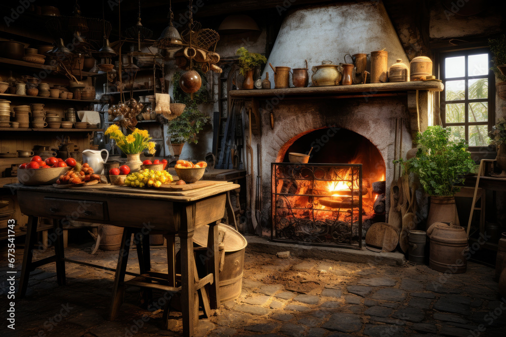 A colonialera kitchen with an open hearth and culinary tools