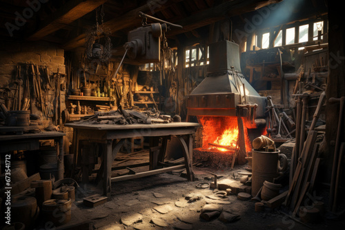 A rustic blacksmith forging tools and ironwork, representing essential crafts and trades of the 18th century. Generative Ai. photo