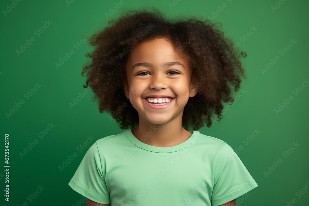happy african american child in green t-shirt over green background happy african american child in green t-shirt over green background