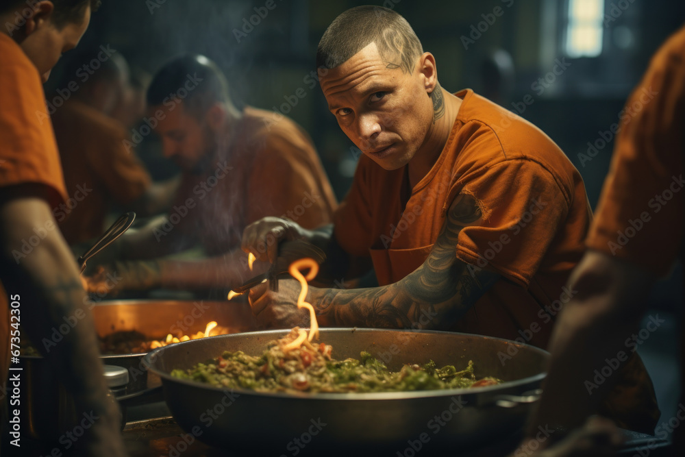 Inmates participating in a culinary arts program, preparing and serving meals for fellow prisoners. Concept of culinary training in prisons. Generative Ai. Inmates participating in a culinary arts program, preparing and serving meals for fellow prisoners. Concept of culinary training in prisons. Generative Ai.
