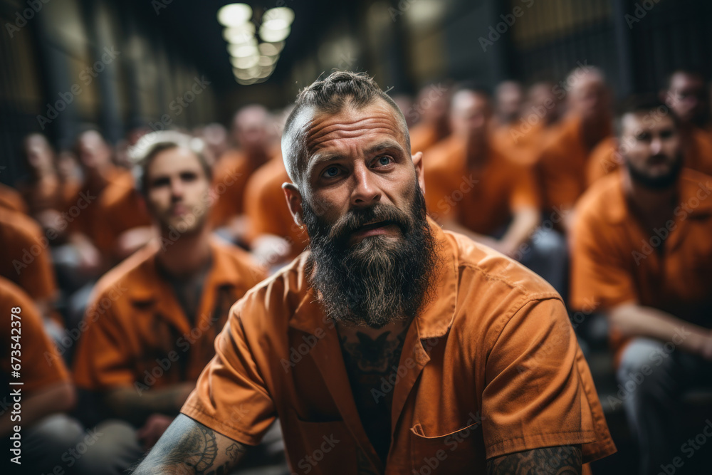 Inmates participating in a theater workshop, rehearsing for a prison play. Concept of theater as rehabilitation. Generative Ai. Inmates participating in a theater workshop, rehearsing for a prison play. Concept of theater as rehabilitation. Generative Ai.