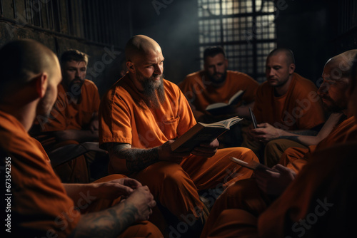 A prison book club, with inmates discussing literature and sharing insights. Concept of intellectual engagement in prisons. Generative Ai.
