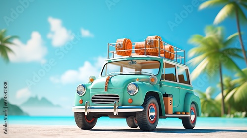3d illustration retro car, summer beach vacation concept, suitcases and palm tree © Hanasta