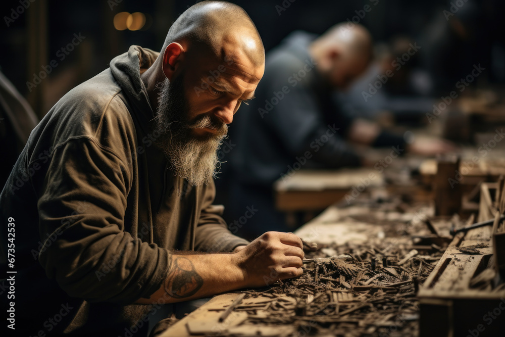 Prisoners practicing woodworking, crafting intricate wooden sculptures. Concept of artistic woodworking in rehabilitation. Generative Ai.