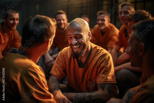 Inmates participating in a drama therapy session, using acting to explore emotions and personal growth. Concept of drama therapy in prisons. Generative Ai.