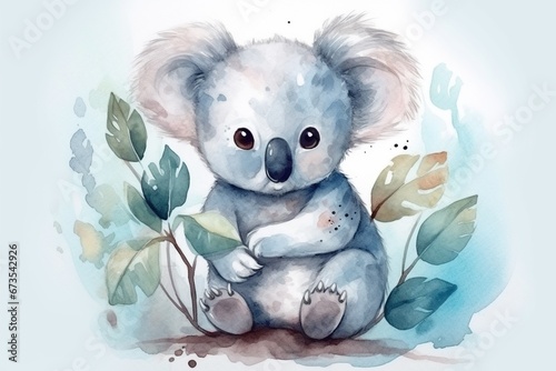 Cute koala in watercolor illustration, concept of Watercolor wildlife art photo