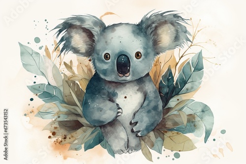 Cute koala in watercolor illustration, concept of Watercolor wildlife art photo