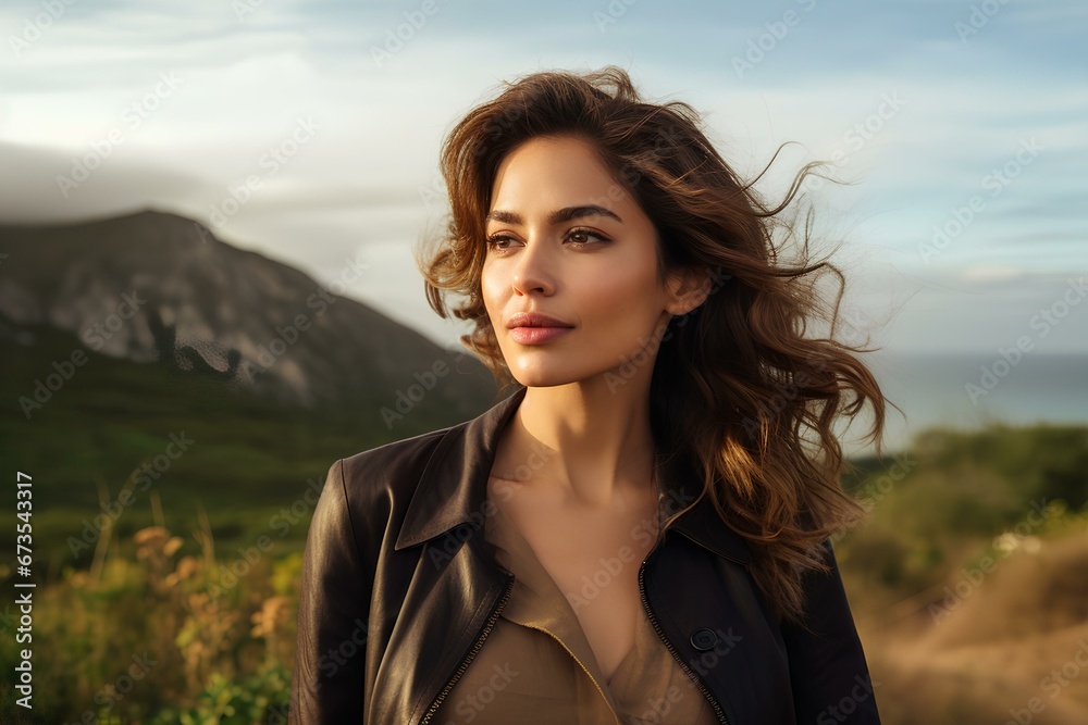 a modern hispanic woman, against the backdrop of a scenic landscape. generative AI