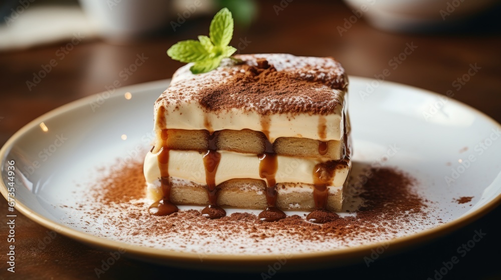 Close up plate of tiramisu italian cake topped with a sprig of mint , delicious tiramisu cake ready to eat Close up plate of tiramisu italian cake topped with a sprig of mint , delicious tiramisu cake ready to eat