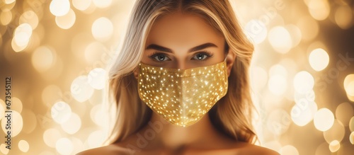 A woman wearing a stunning golden crystal chain face mask is gazing at the camera radiating in the glow of the light as she embraces the festive spirit of a Christmas party during the pandem photo