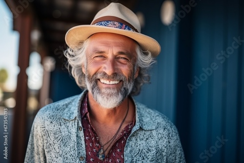 Portrait of a smiling senior man with hat standing in front of a restaurant