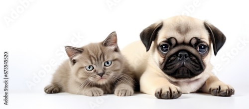 Puppy of the pug breed and small cat