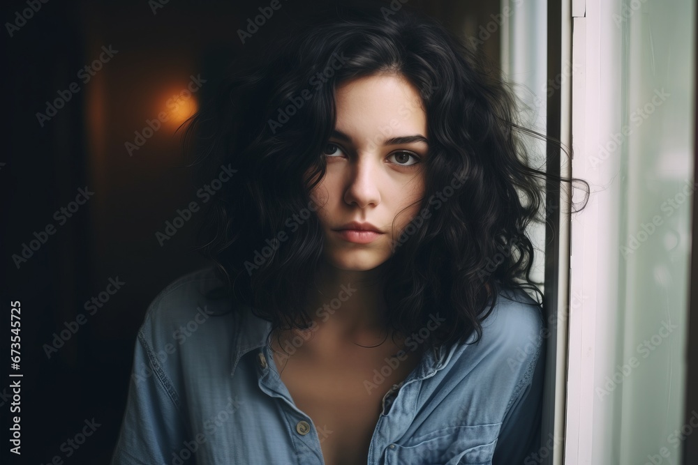Portrait of a beautiful young woman looking at camera through the window Portrait of a beautiful young woman looking at camera through the window