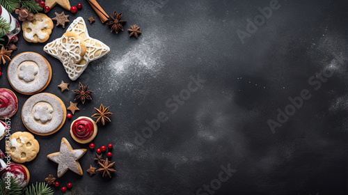 Christmas baking background with assorted cookies and sweet treats. Overhead view on a dark stone background. Holiday baking concept. photo