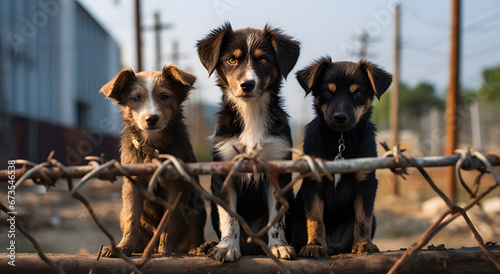 stray dogs at a shelter fence