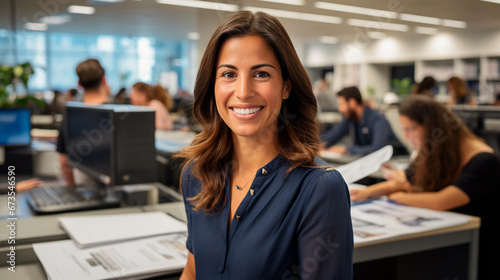Mujer hispana sonriendo en una oficina desenfocada  photo