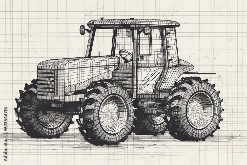 A tractor in a hand drawn cartoon line