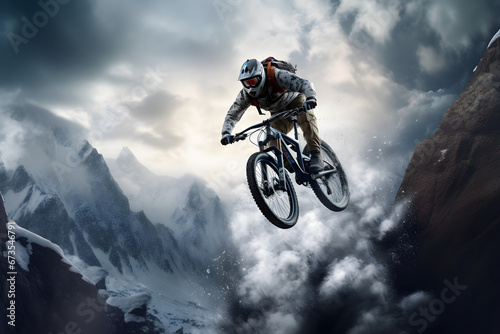 Bicycle rider performing spectacular jump on snow mountain © Black Pig