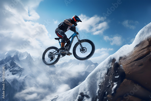 Bicycle rider performing spectacular jump on snow mountain