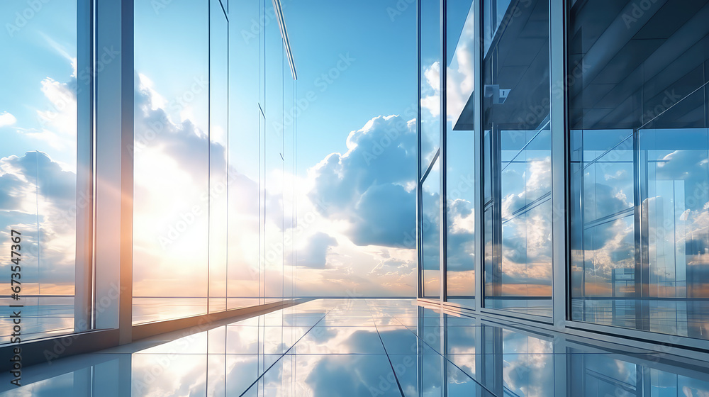 View of white clouds and blue sky reflected in the glass windows of office building skyscraper. Urban Business Center in a modern style.  - obrazy, fototapety, plakaty 