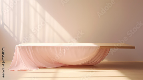 Wooden table podium for product demonstration. Empty showcase surface with delicate folded fabric curtains. 3d render illustration minimal style. 