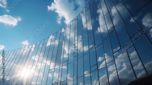 View of white clouds and blue sky reflected in the glass windows of office building skyscraper. Urban Business Center in a modern style. 