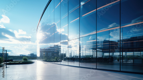 View of white clouds and blue sky reflected in the glass windows of office building skyscraper. Urban Business Center in a modern style. 