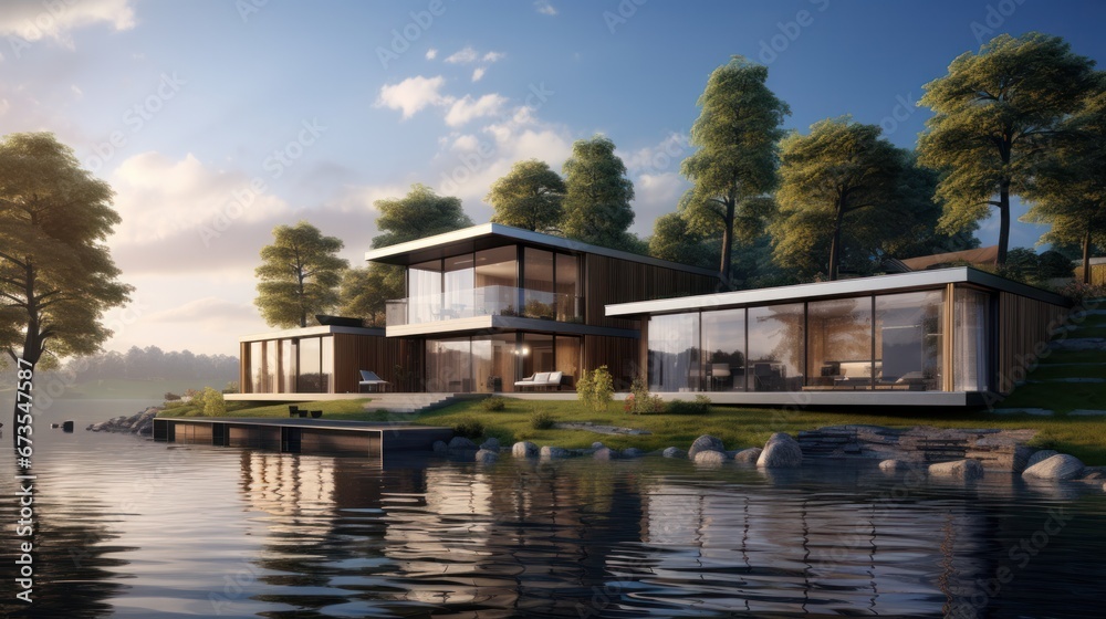 3d rendering of modern house by the river at morning, house, luxury, villa, modern, architecture, building, exterior, residential, property, designer 3d rendering of modern house by the river at morning, house, luxury, villa, modern, architecture, building, exterior, residential, property, designer