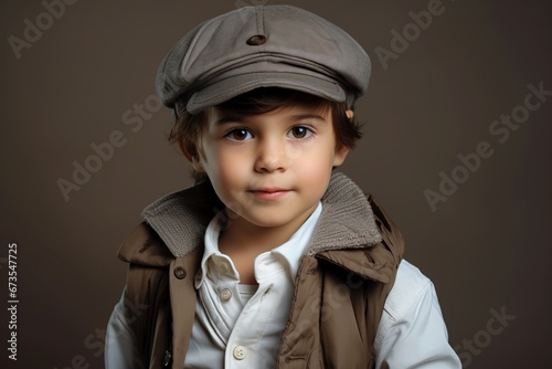 Portrait of a cute little boy in a brown jacket and cap. © Iigo