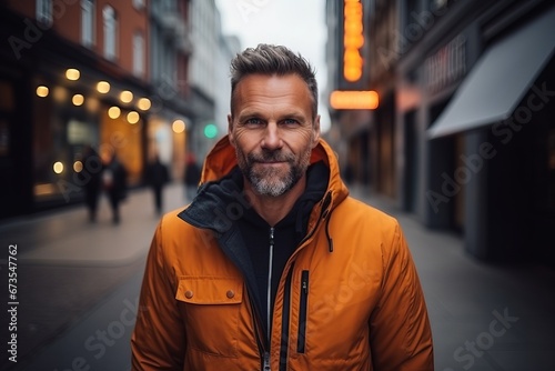 Portrait of a handsome middle-aged man in a yellow jacket. © Iigo