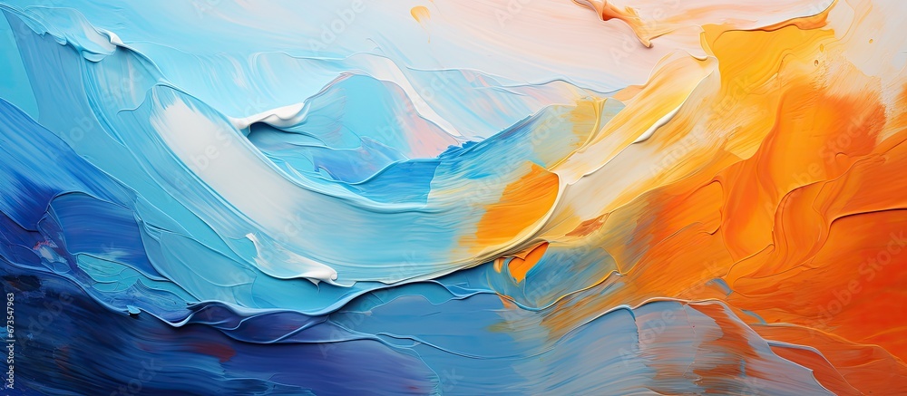 Close up view of bold brushstrokes of oil paint Vibrant abstract backdrop Concept of artistic expression Slightly unfocused picture with blurred focus Area available for duplication