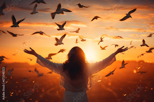 Woman praying and free bird enjoying nature on sunset background, hope concept photo