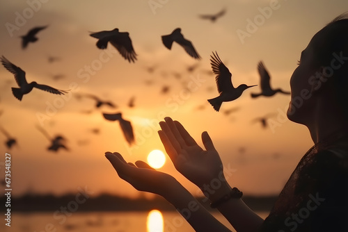 Woman praying and free bird enjoying nature on sunset background, hope concept