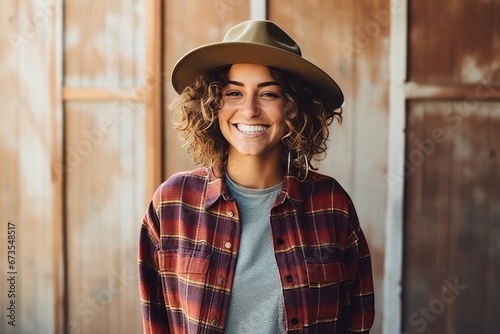 Portrait of smiling hipster woman with hat and plaid shirt photo