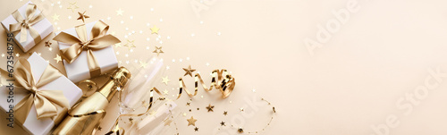 New year celebration with Champagne,gift boxes and confetti