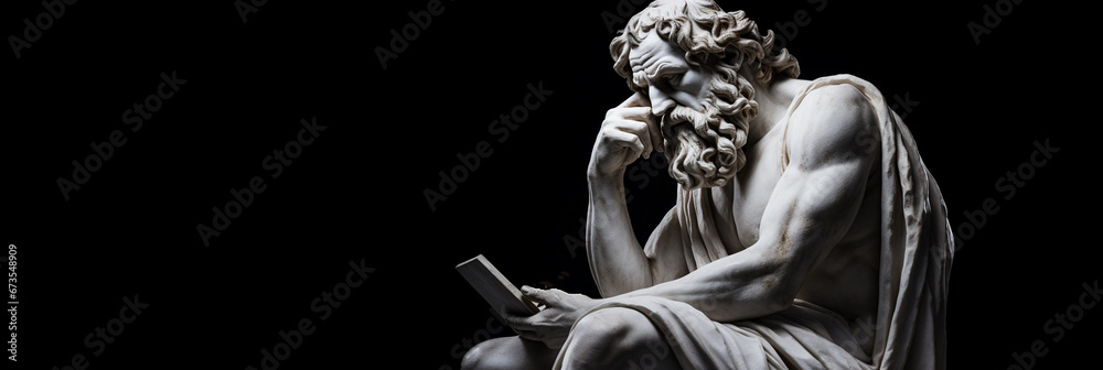 Ancient sculpture looking at a phone - obrazy, fototapety, plakaty 