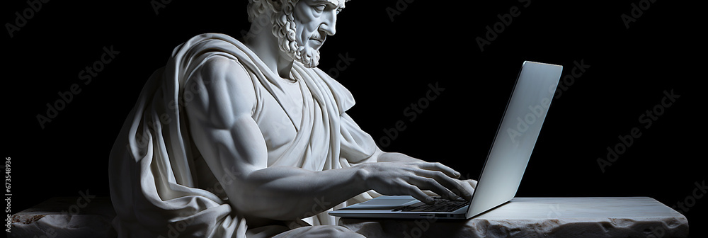 Fototapeta premium Ancient sculpture working with laptop