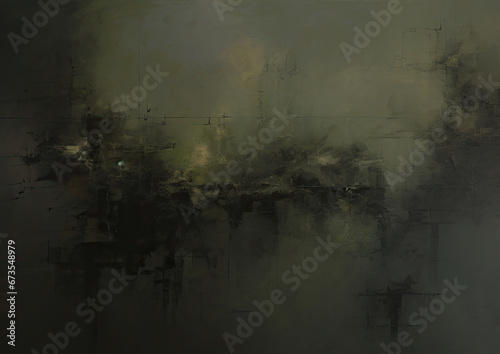 an abstract painting of a city in the fog. Expressive Olive color oil painting background
