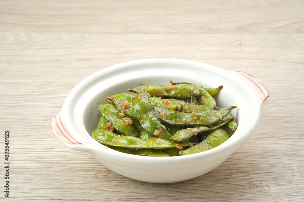 Stir Fry Edamame with garlic and chilli powder
