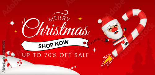 Merry Christmas Shop Now Sale banner for web and social media with 3D cartoon Santa Claus flying / sitting/ riding on Christmas candy / lollipop. Vector illustration. Candy as a rocket.  (ID: 673549173)