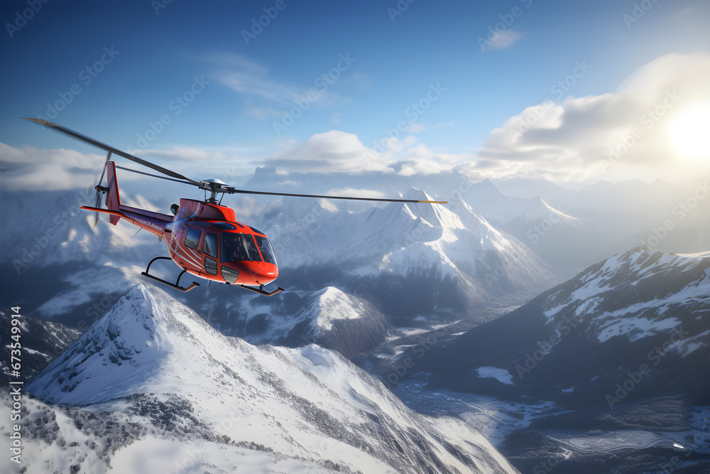 helicopter flying on the mountains snowy landscape