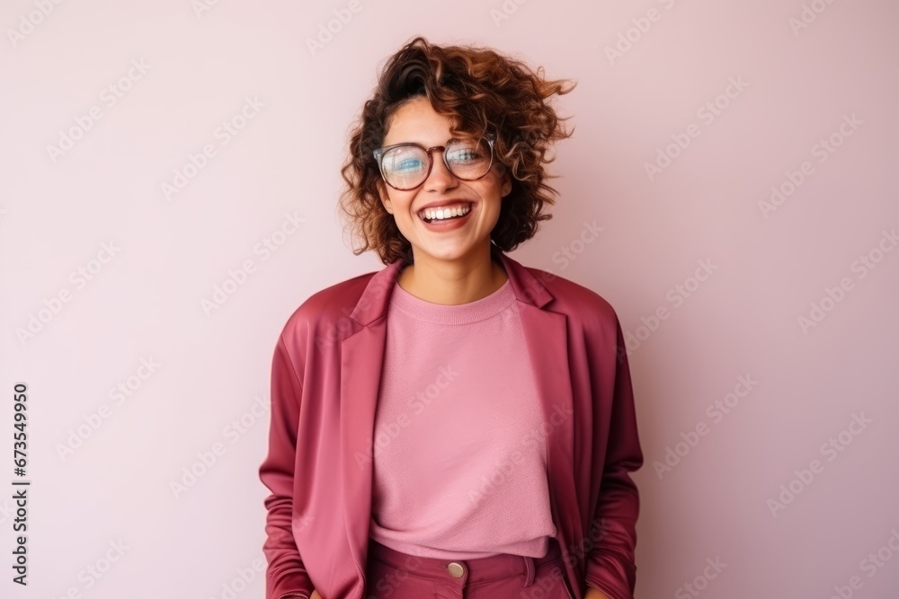 Happy young woman with curly hair and eyeglasses on pink background Happy young woman with curly hair and eyeglasses on pink background