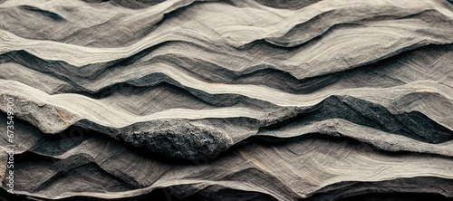 Minimal grey cracked slate stone close up texture, weather erosion chipped shale rock sheets, wavy layered formation geology pattern.  photo