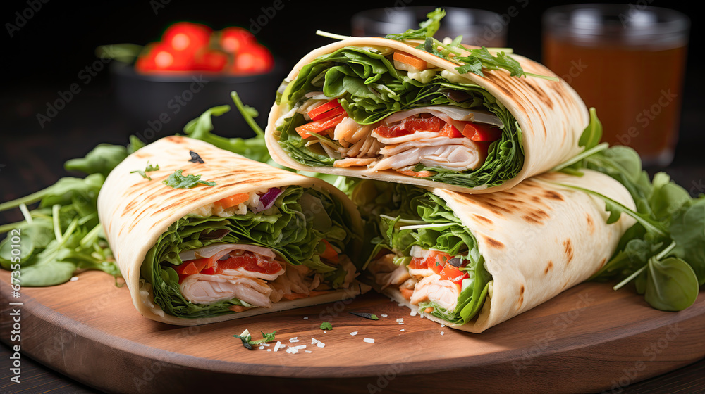 chicken and wrap with lettuce - obrazy, fototapety, plakaty 