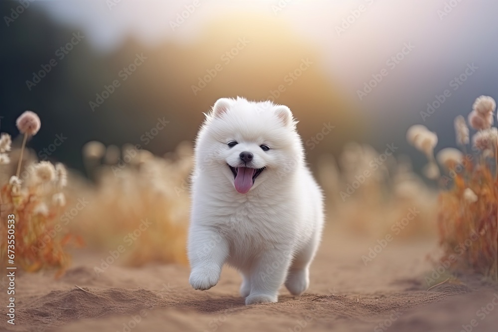 portrait of a purebred dog samoyed smile happiness. Generative AI