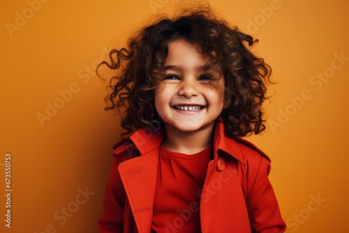 Cute little girl with curly hair in red coat on orange background