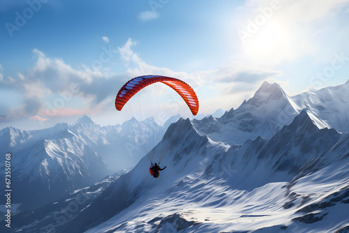 Paragliding flying on the mountains snowy landscape