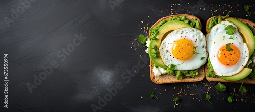 A breakfast consisting of a fried egg on top of avocado toast prepared in a healthy style and placed on the desk