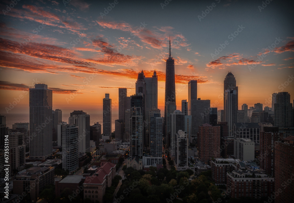 Chicago skyline at sunrise aerial